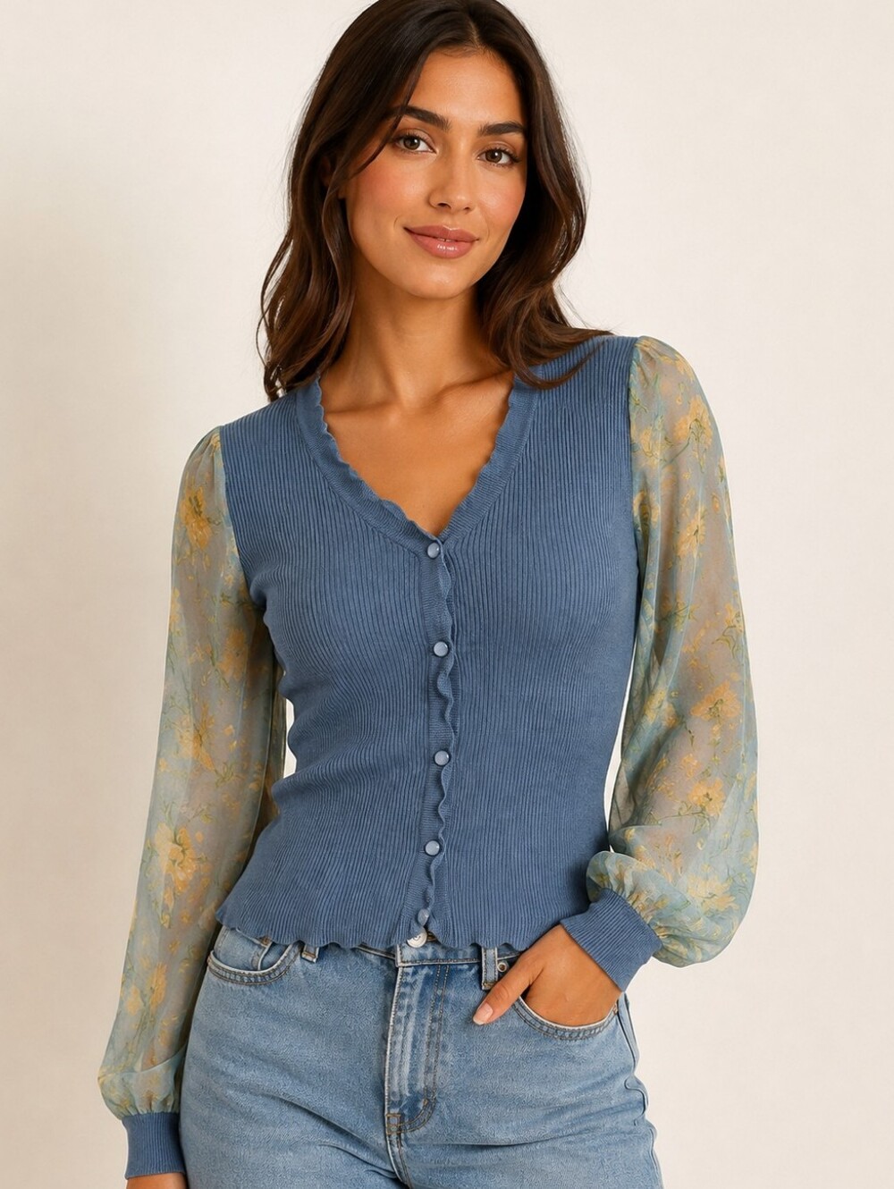 Sioni Women's Floral Sheer Bishop Sleeve Cardigan Size Medium